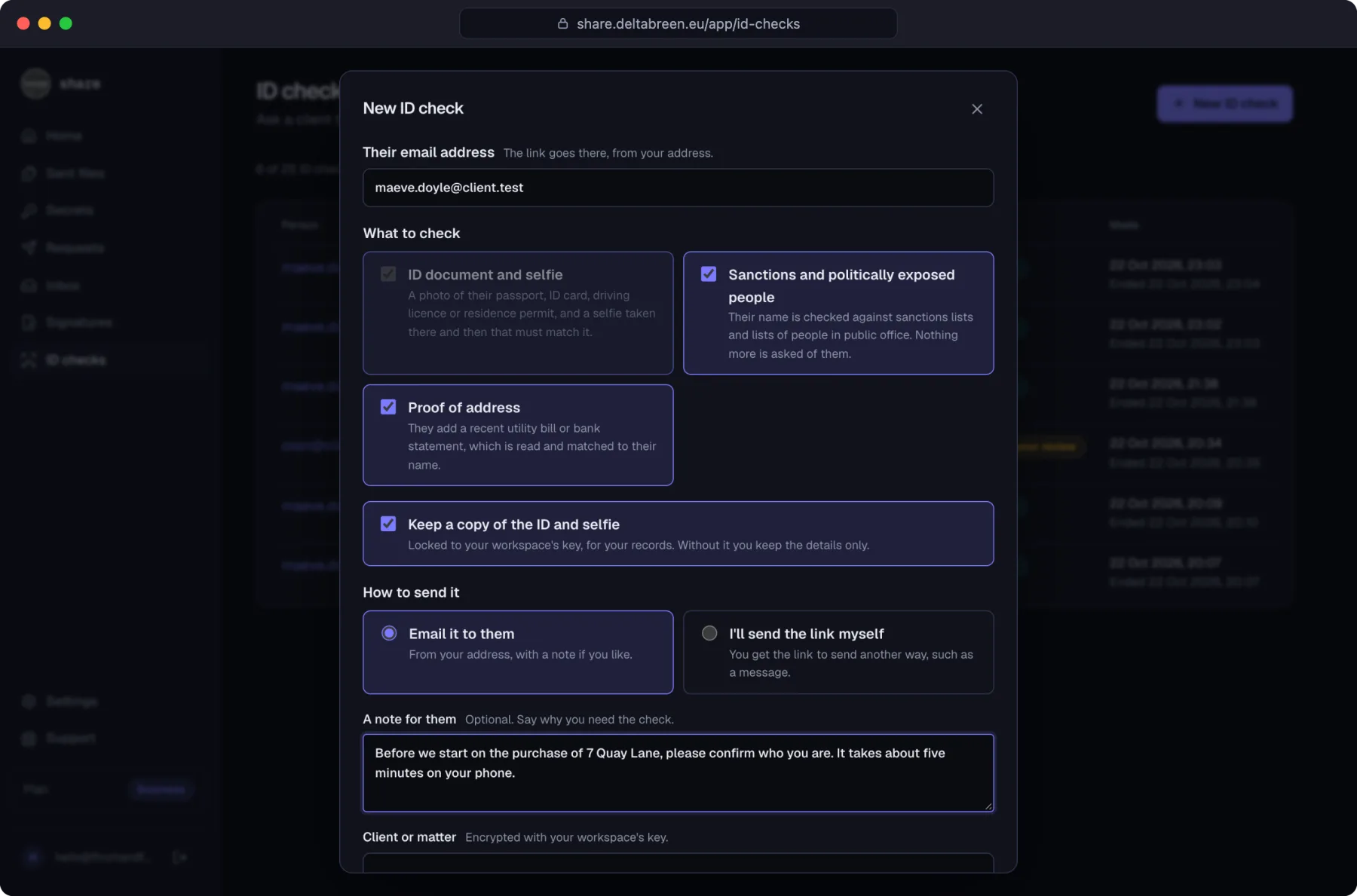 Making an ID check in Share: the client's email, the checks to run and how to send the link.