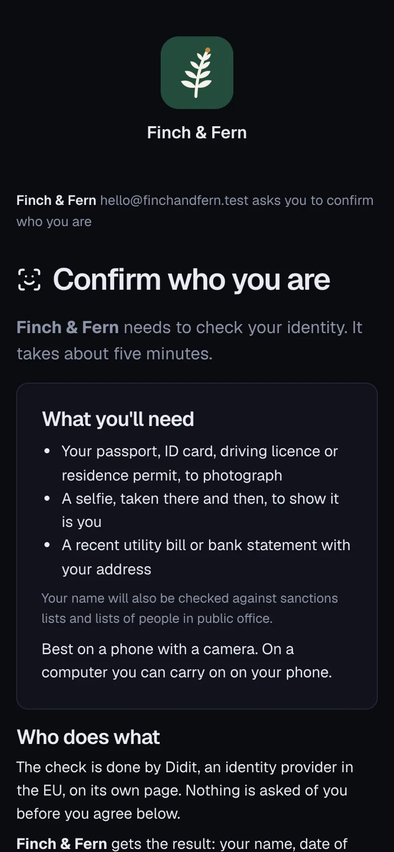 The page a client opens on their phone: who is asking, what they need and the consent before the check.