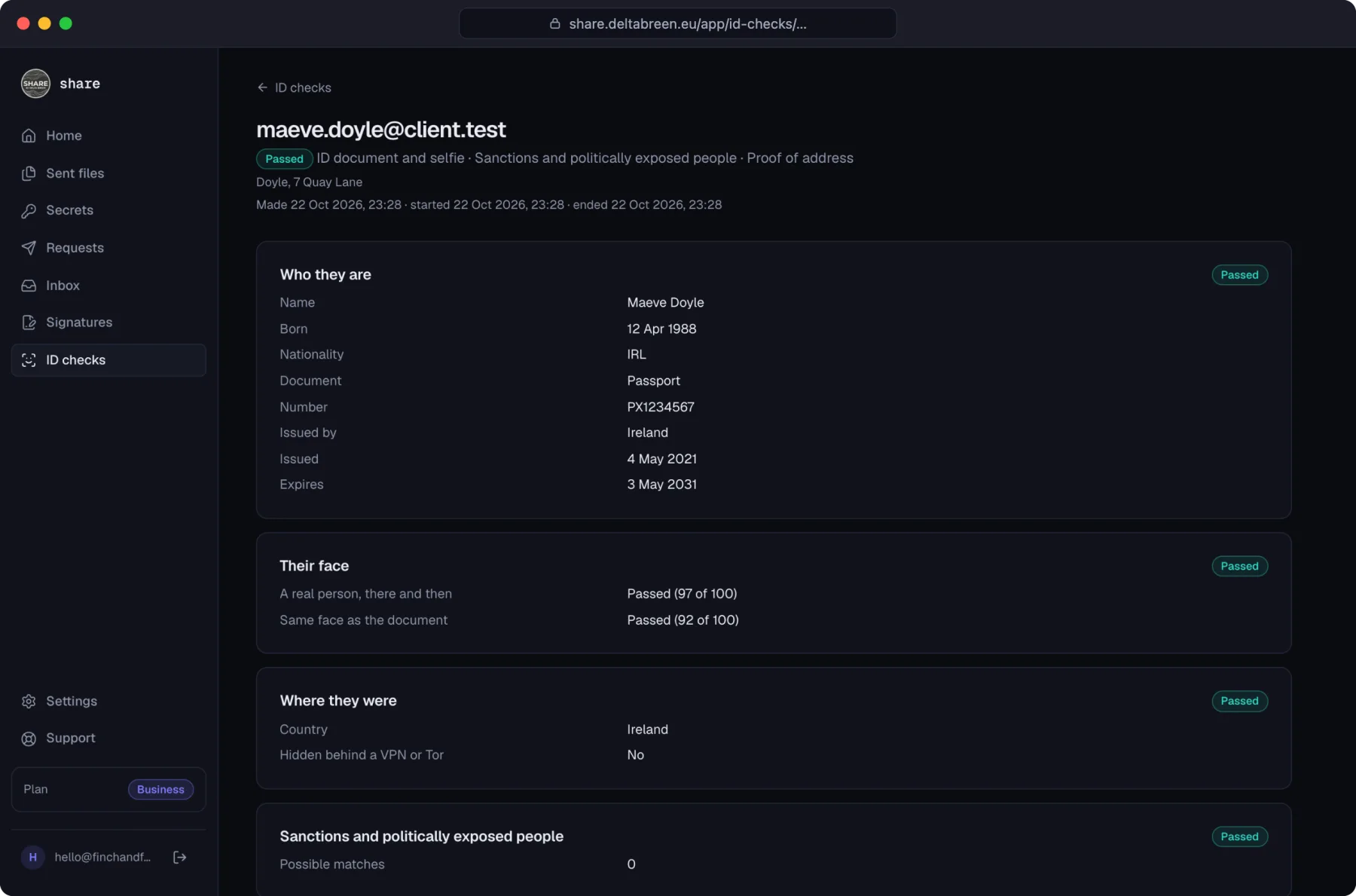 A finished ID check in Share: the person's details, the face checks, the sanctions check and the address.