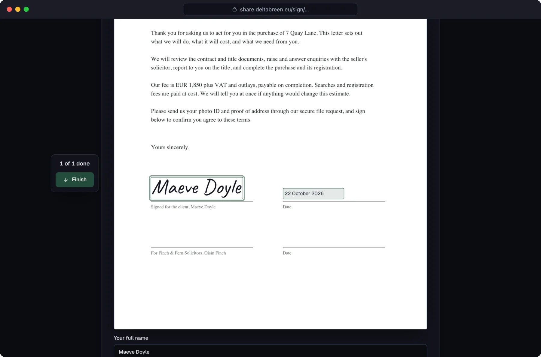 A client signing on a laptop: the count beside the document says 1 of 1 done, the signature is in its field, the date is filled in, and Finish is next