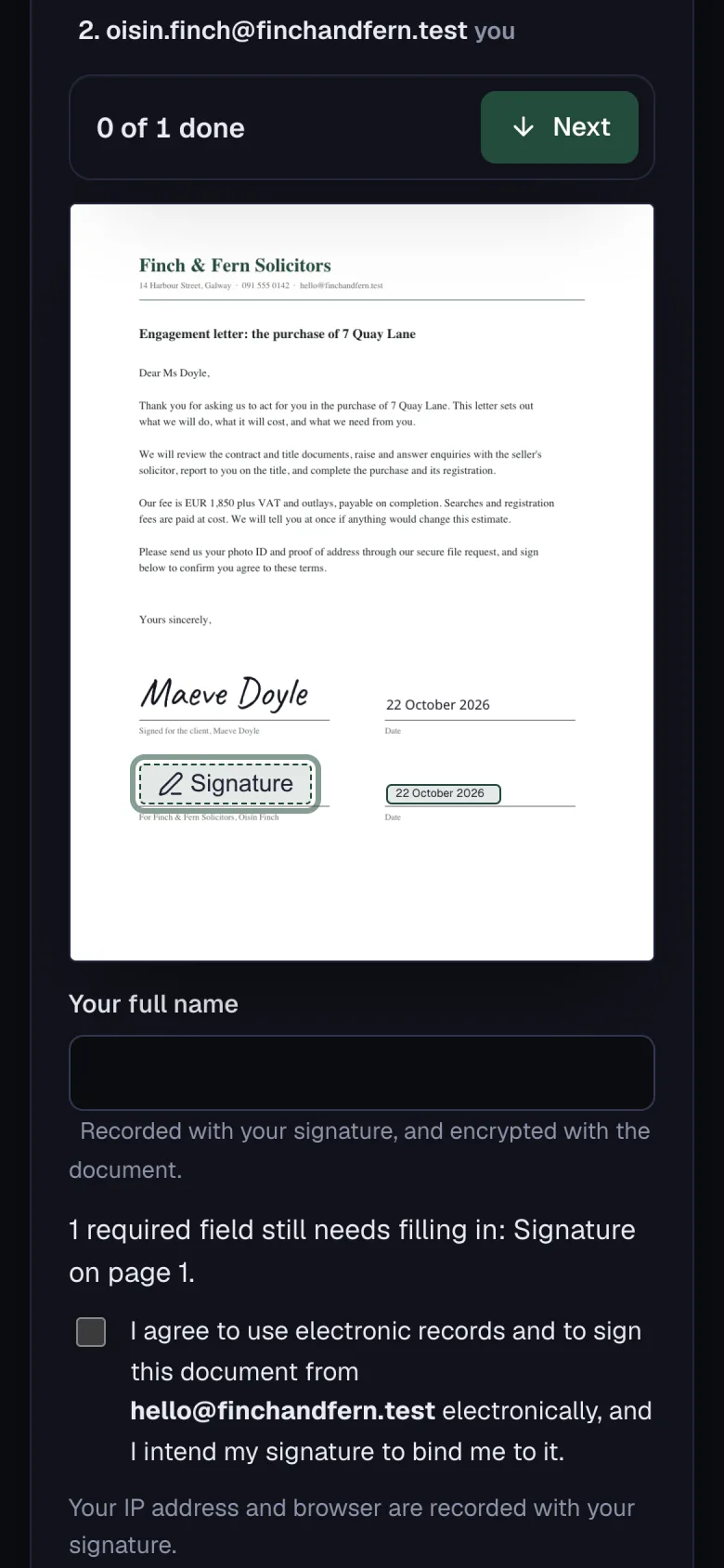 The second signer on a phone, now it is their turn: the first signature is on the page, and the bar above it says 0 of 1 done