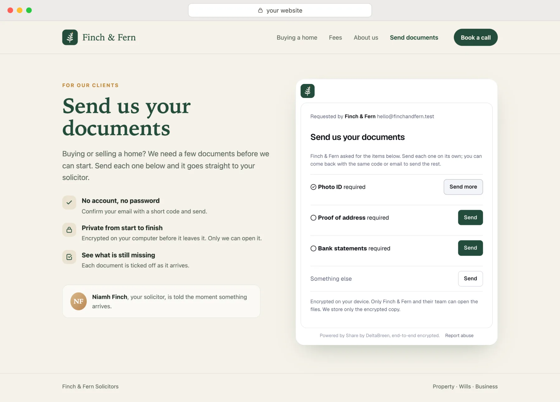 A small firm's website with a Share file request in it: a list of documents, the first one already sent.